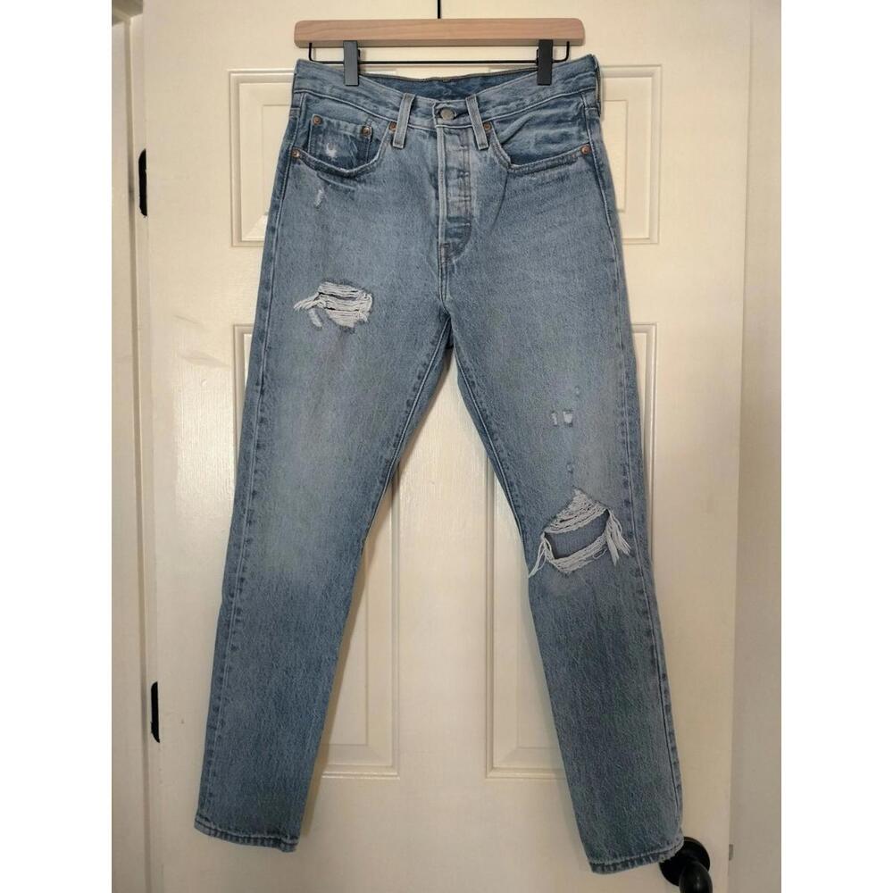 Levi's 501 "E"Jeans Women W29 L29 Blue High Rise Skinny Distressed Button Fly